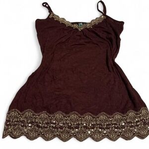Weavers Women's Y2k Burgundy Beaded Lace crinkled Cami Tank Top Shirt